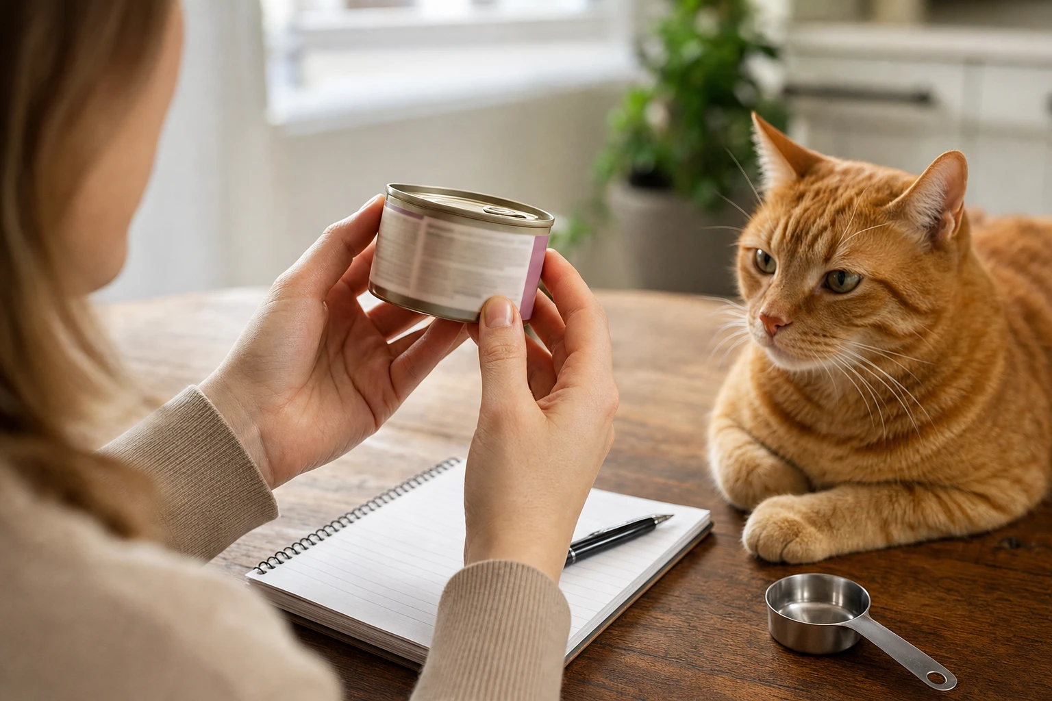 Cat owner reading a wet cat food label while an orange cat watches — shows why label claims should be checked before buying