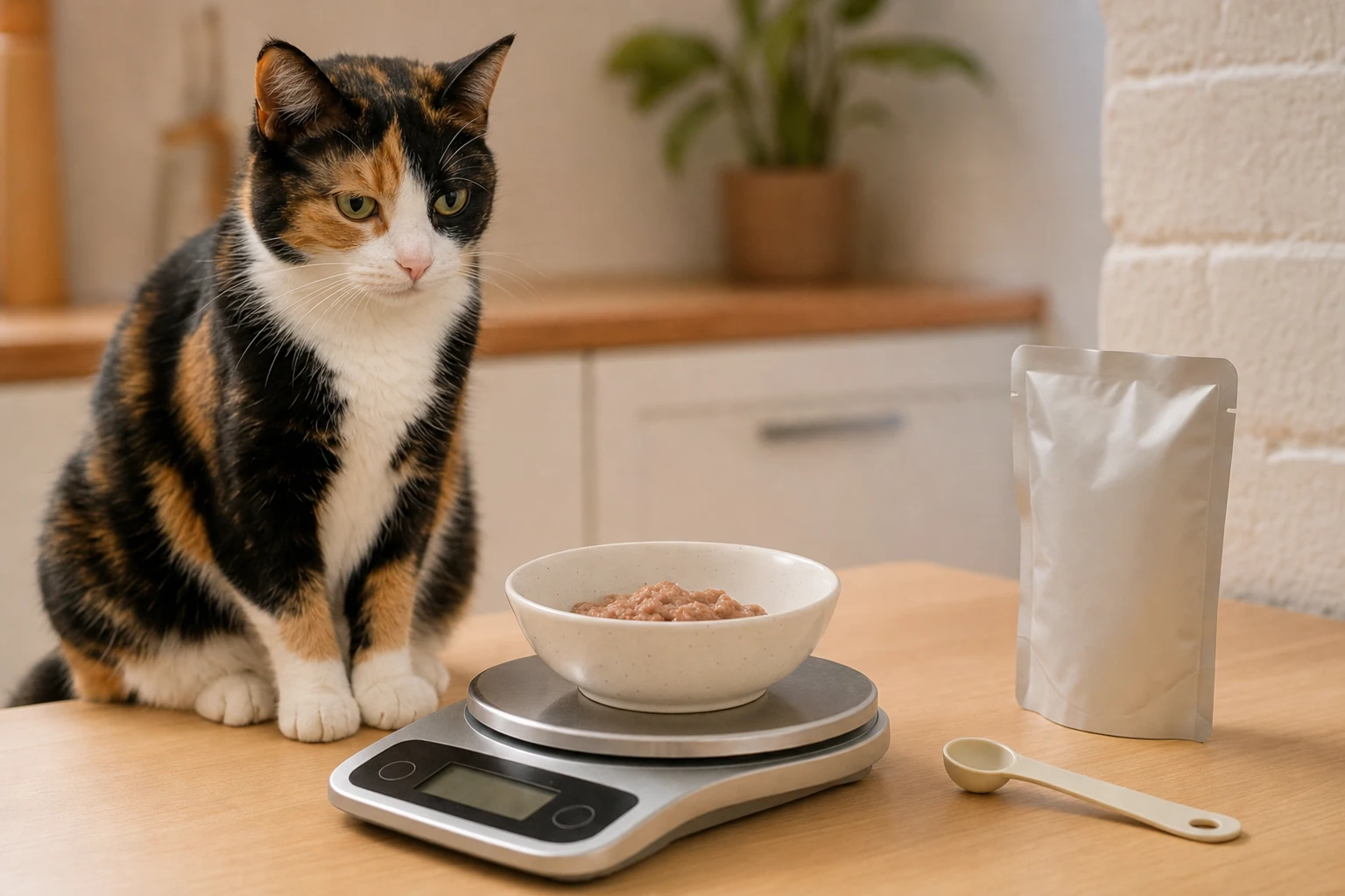 Calico cat beside wet food bowl on a digital kitchen scale — illustrates measuring portions to prevent overfeeding
