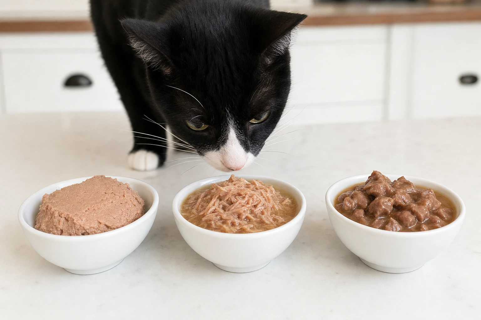 Tuxedo cat sniffing three bowls of pâté, shredded, and chunky wet food textures — illustrates texture testing for picky cats