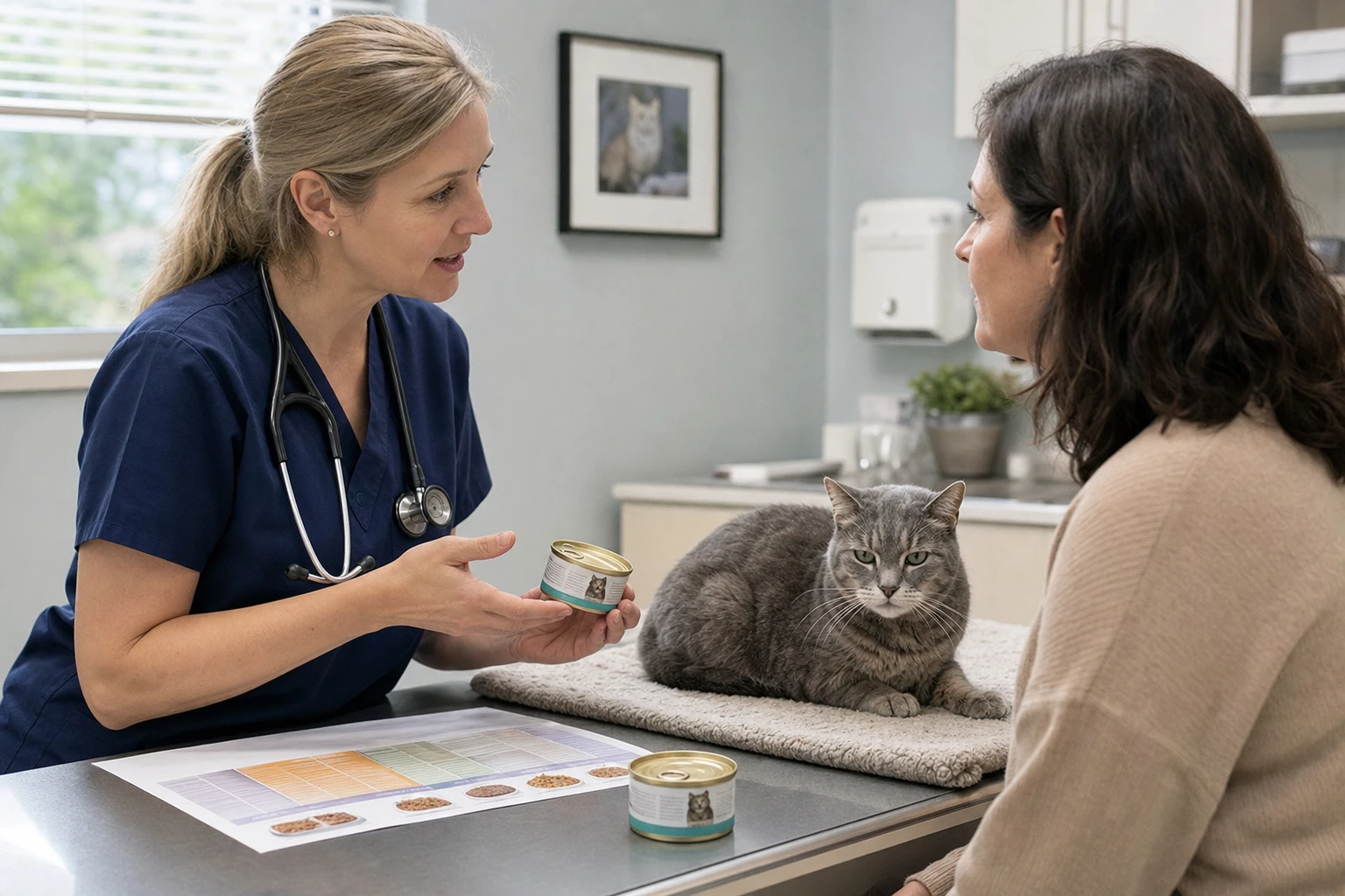 Veterinarian discussing wet food choices with a cat owner and senior gray cat — illustrates when medical conditions require veterinary diet advice