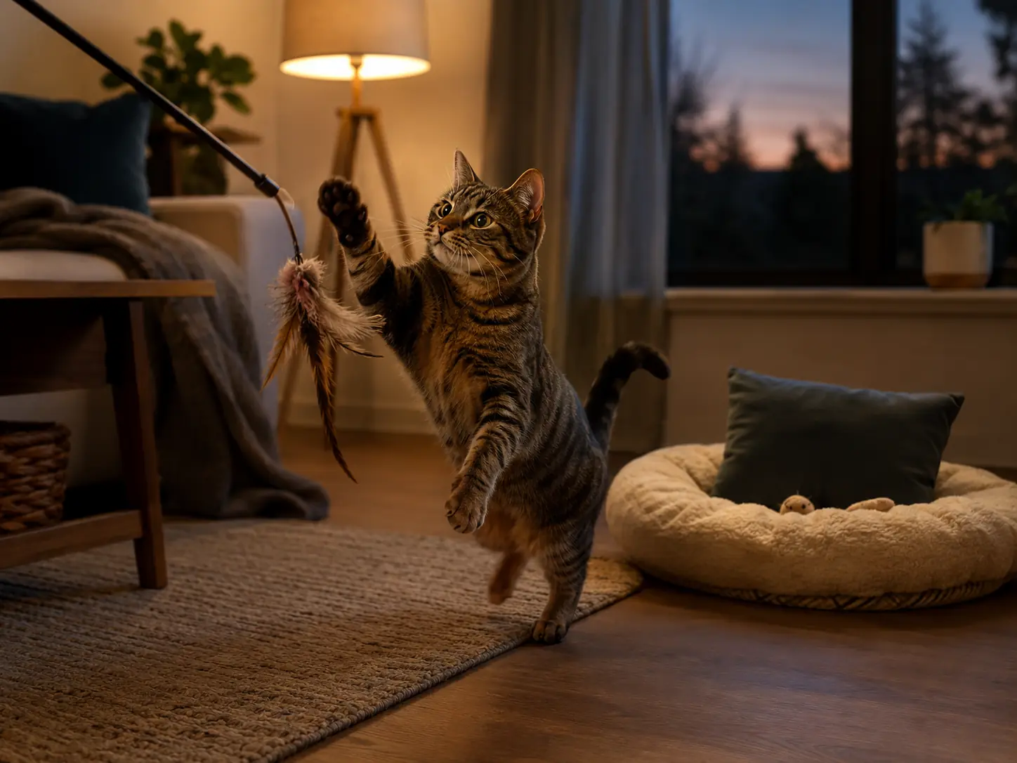 Cat playing with a wand toy in the evening before a quiet resting area, showing a routine that can reduce nighttime activity.