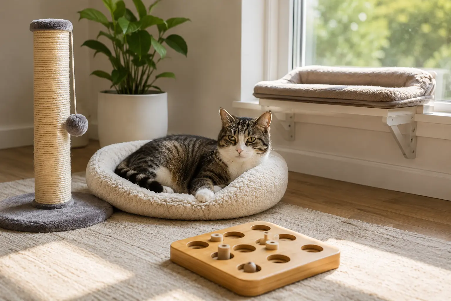 Calm cat resting near a scratching post, puzzle feeder, and quiet bed in a low-stress home environment.