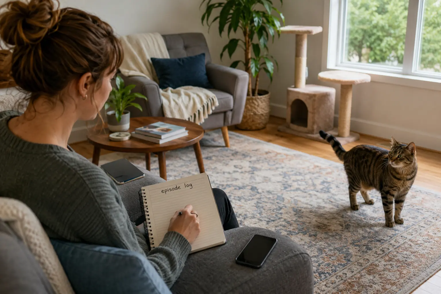 Cat parent calmly writing notes after observing a cat from a respectful distance during a brief behavior episode.