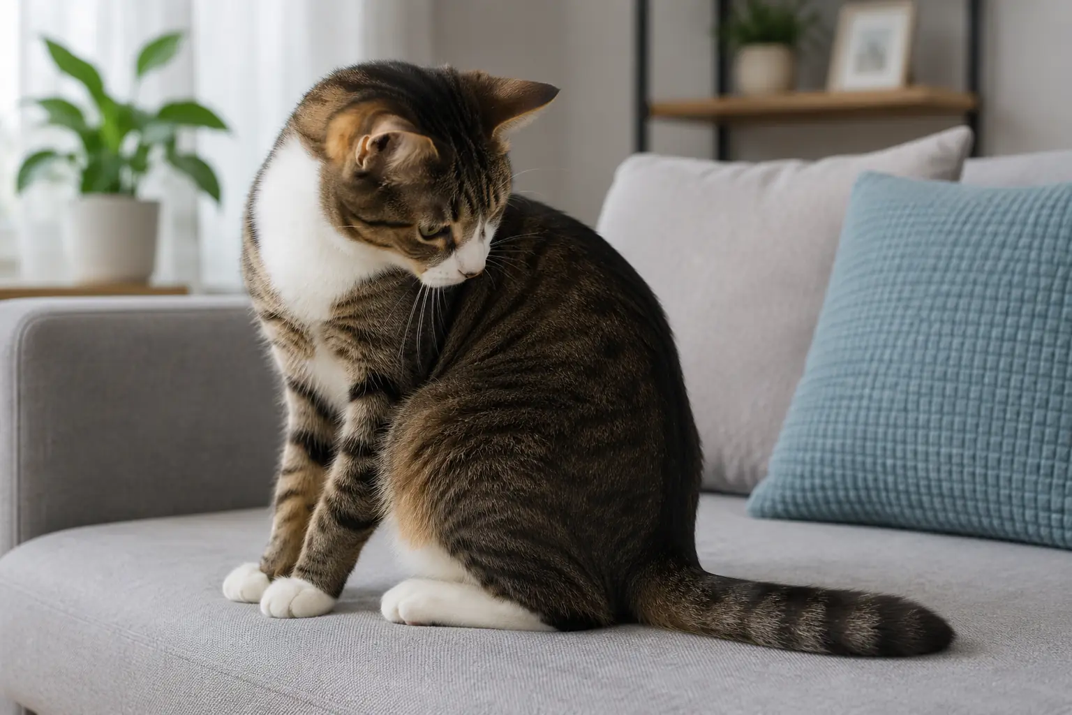 Alert cat turning toward its lower back while sitting on a sofa, showing the area where rippling skin signs may appear.