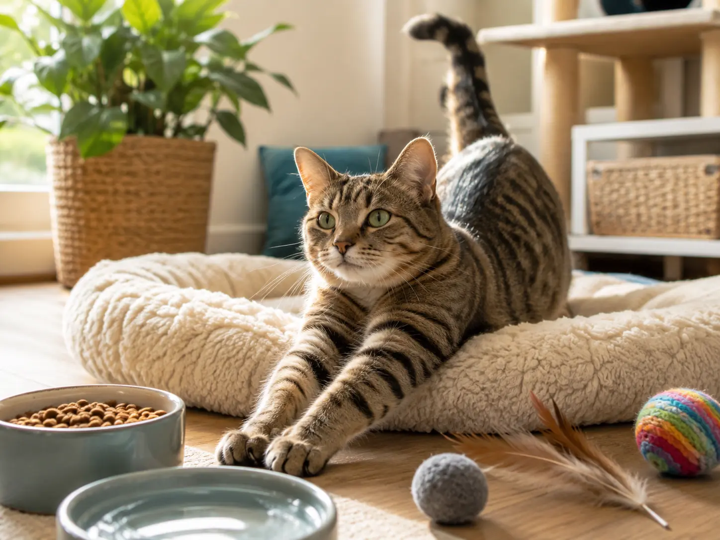 Alert relaxed cat waking from a nap near food, water, and toys, showing the difference between normal rest and concerning lethargy.