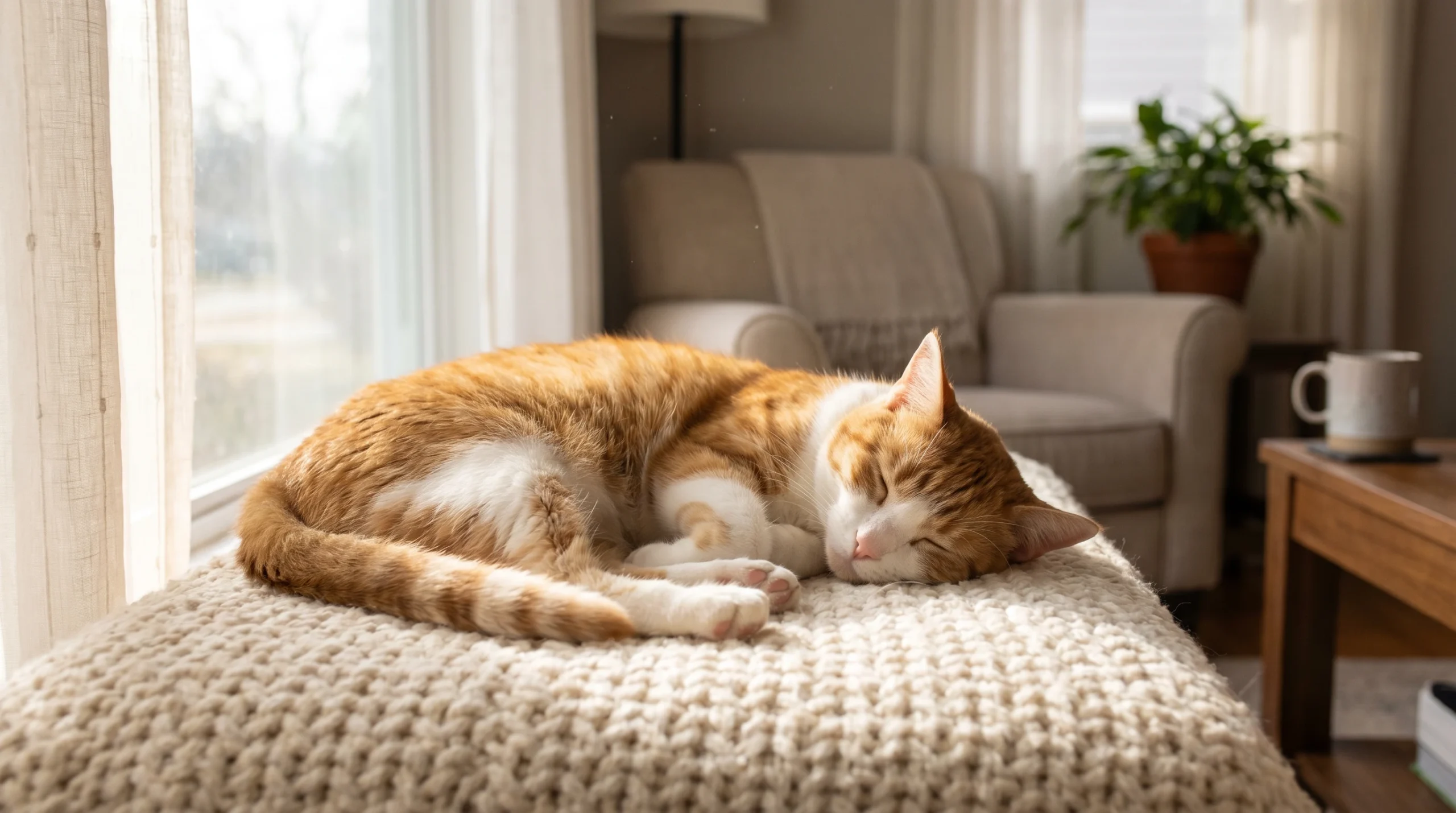 Relaxed indoor cat sleeping comfortably in soft morning light