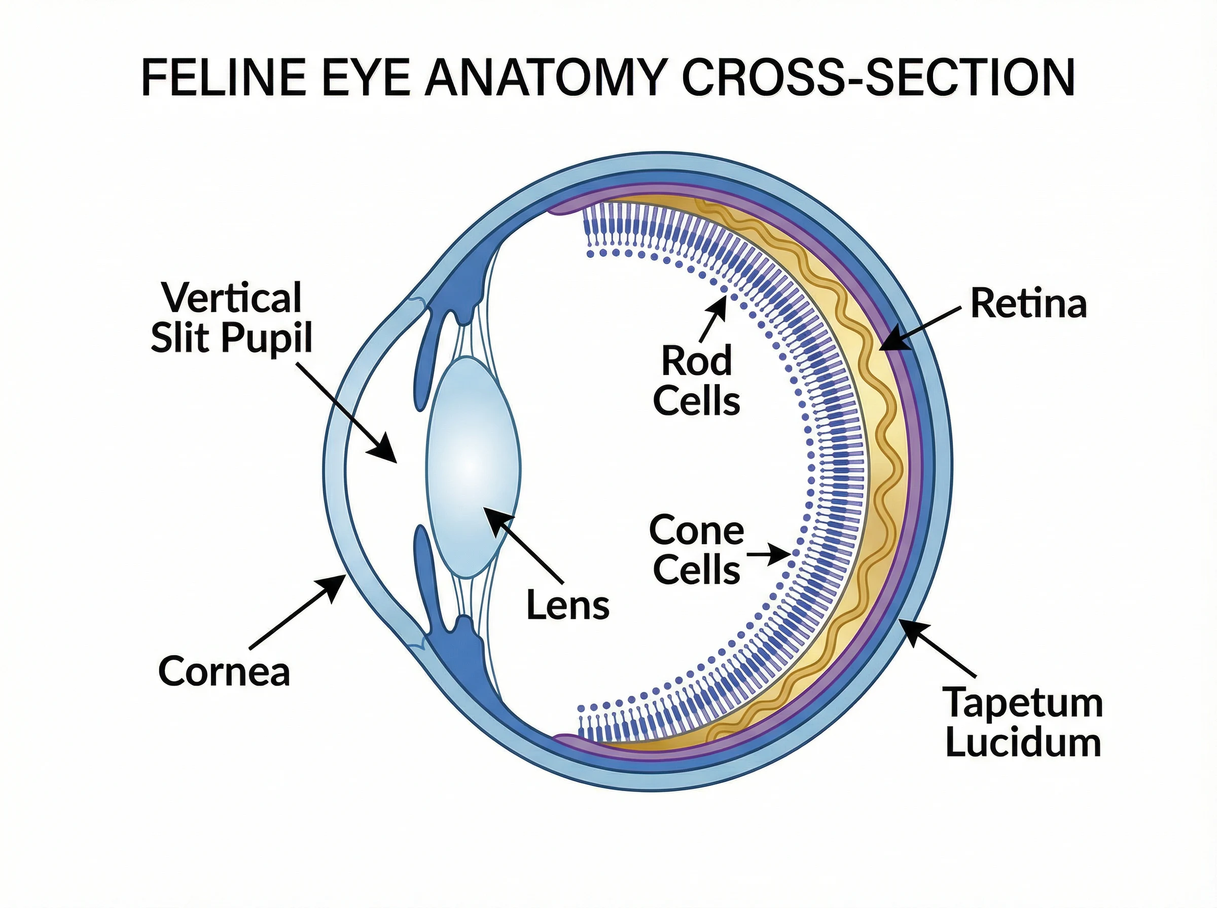 A detailed scientific cross-section diagram of a cat's eye anatomy
