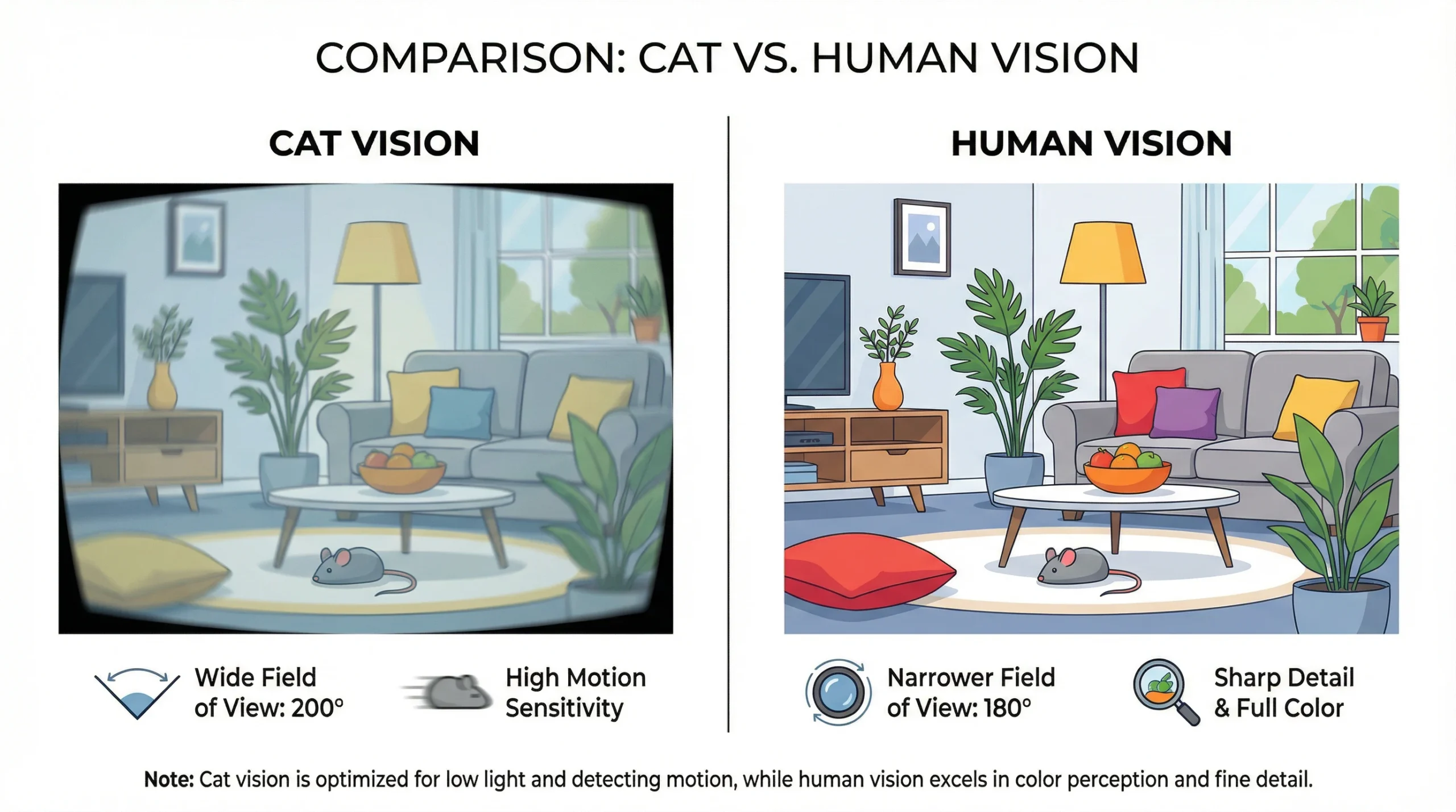 A split-screen educational infographic comparing cat vision versus human vision