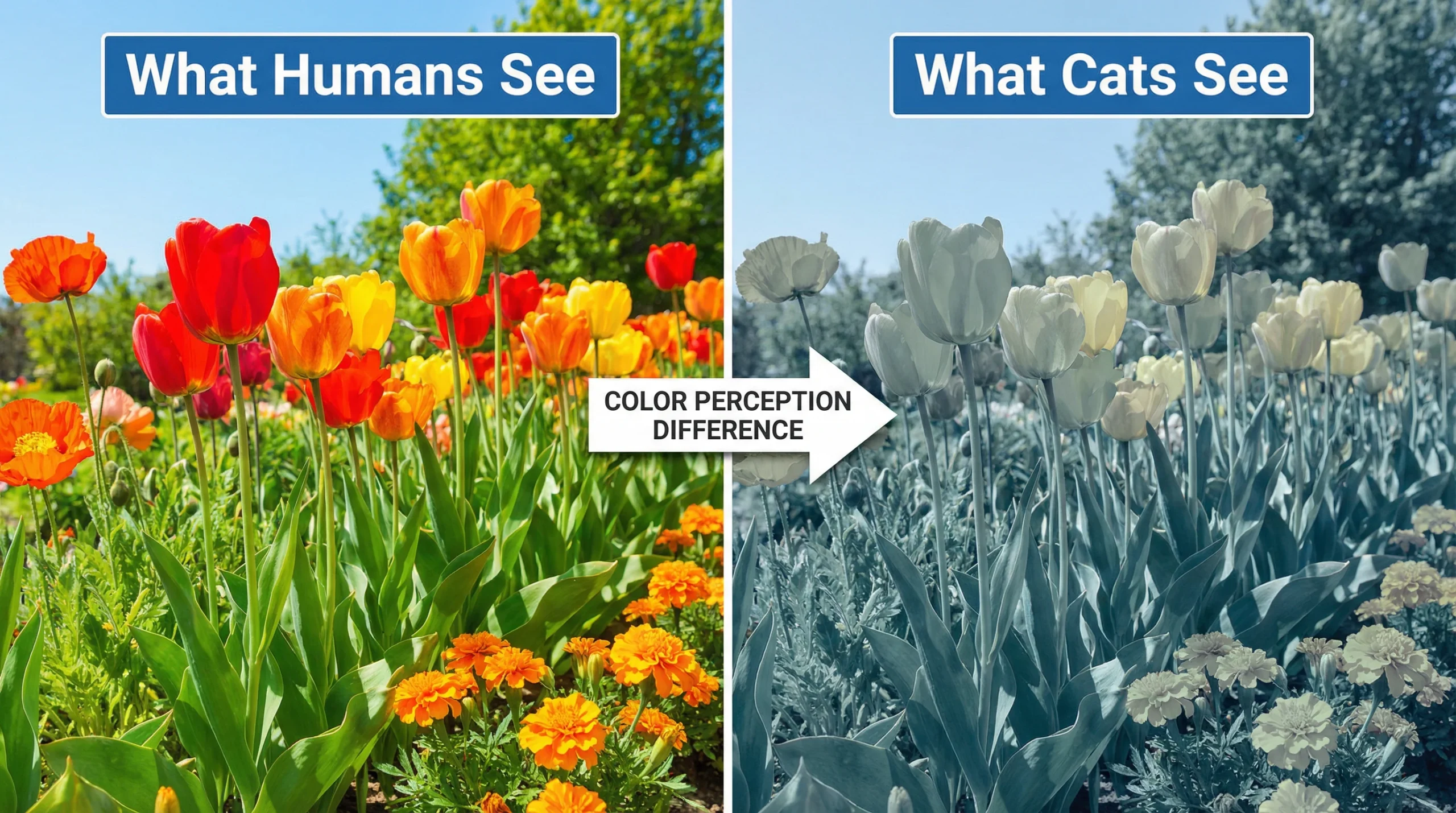 A side-by-side comparison showing how a colorful garden scene looks to humans versus cats