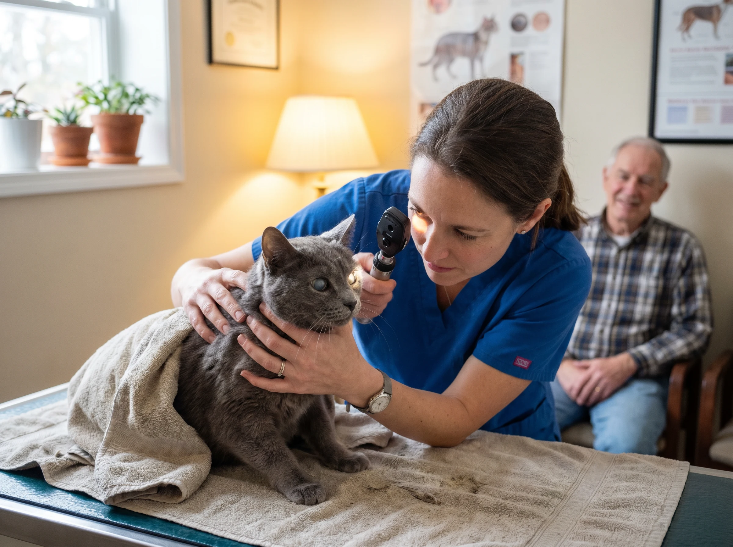 A compassionate veterinary scene showing a senior gray cat being examined by a caring veterinarian