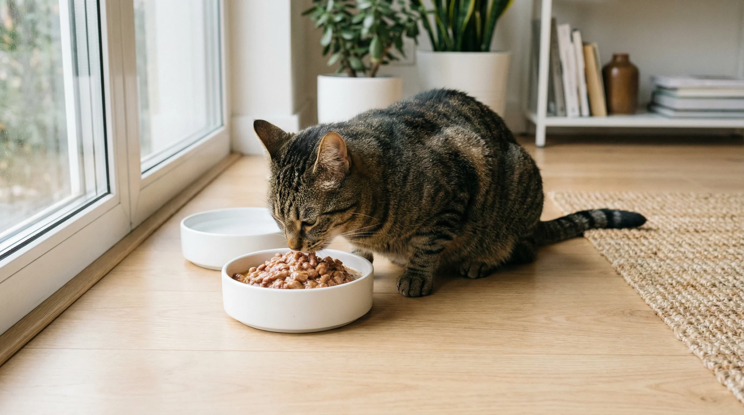 Healthy adult tabby cat eating wet food from a white ceramic bowl