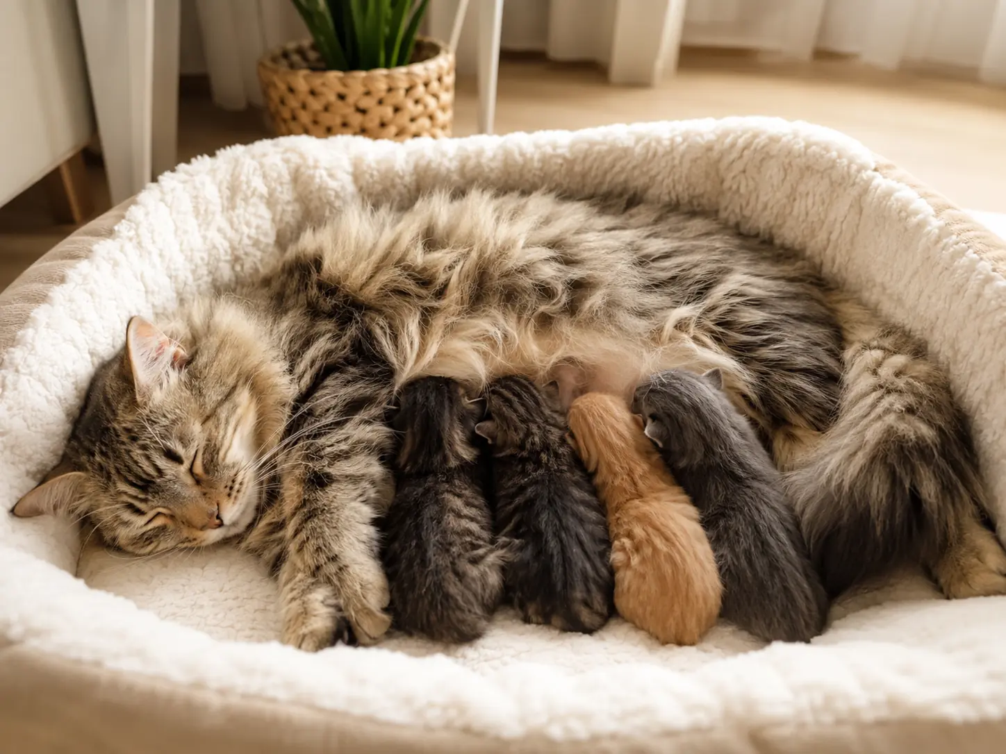 Mother cat lying calmly with newborn kittens nursing in a warm clean nest while the room stays quiet and undisturbed.