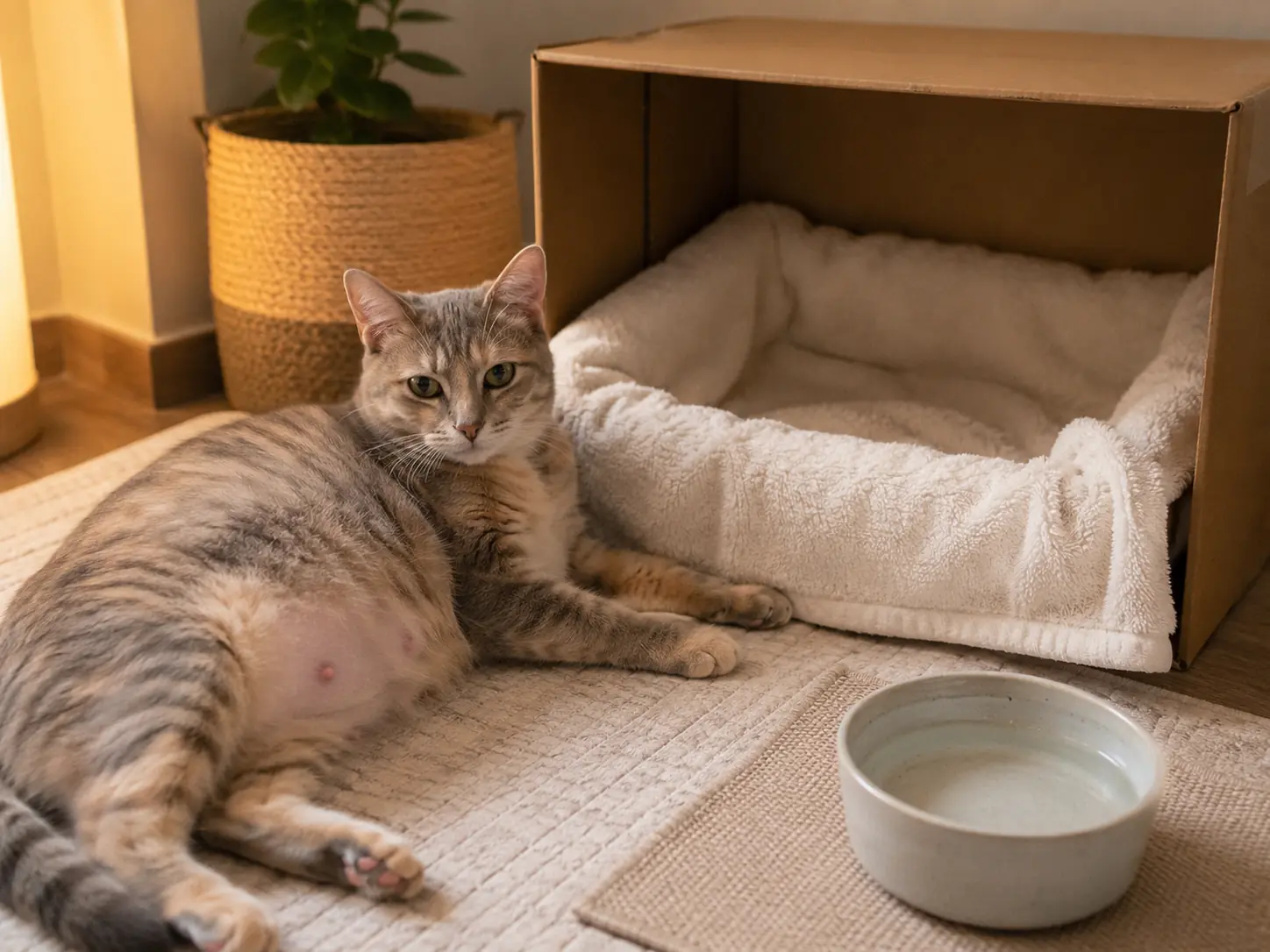 Pregnant cat resting in a quiet nesting box with clean towels nearby while a person observes from a respectful distance