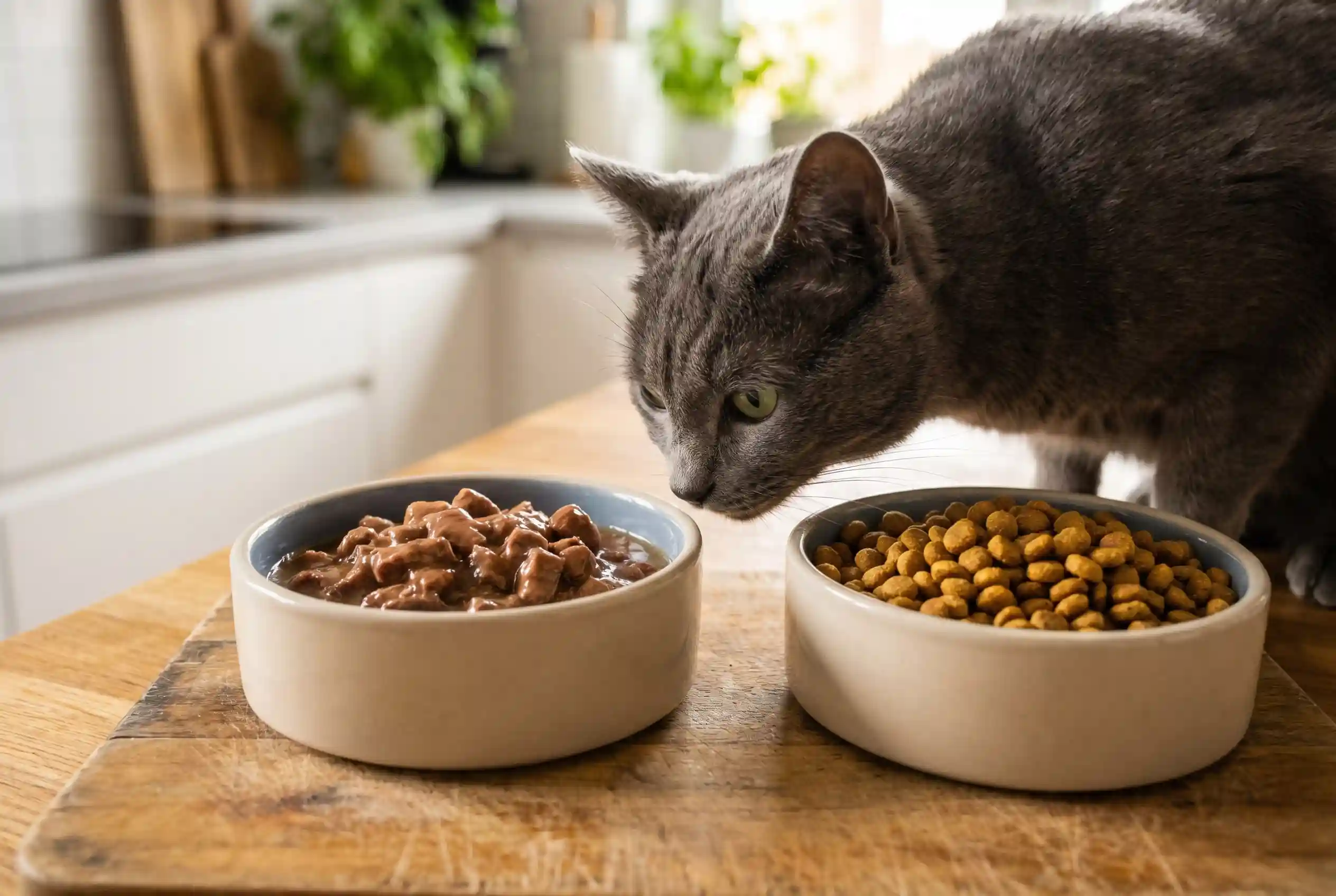 A grey cat sniffing between two bowls - one with wet food chunks in gravy, one with dry kibble -on awooden kitchen counter