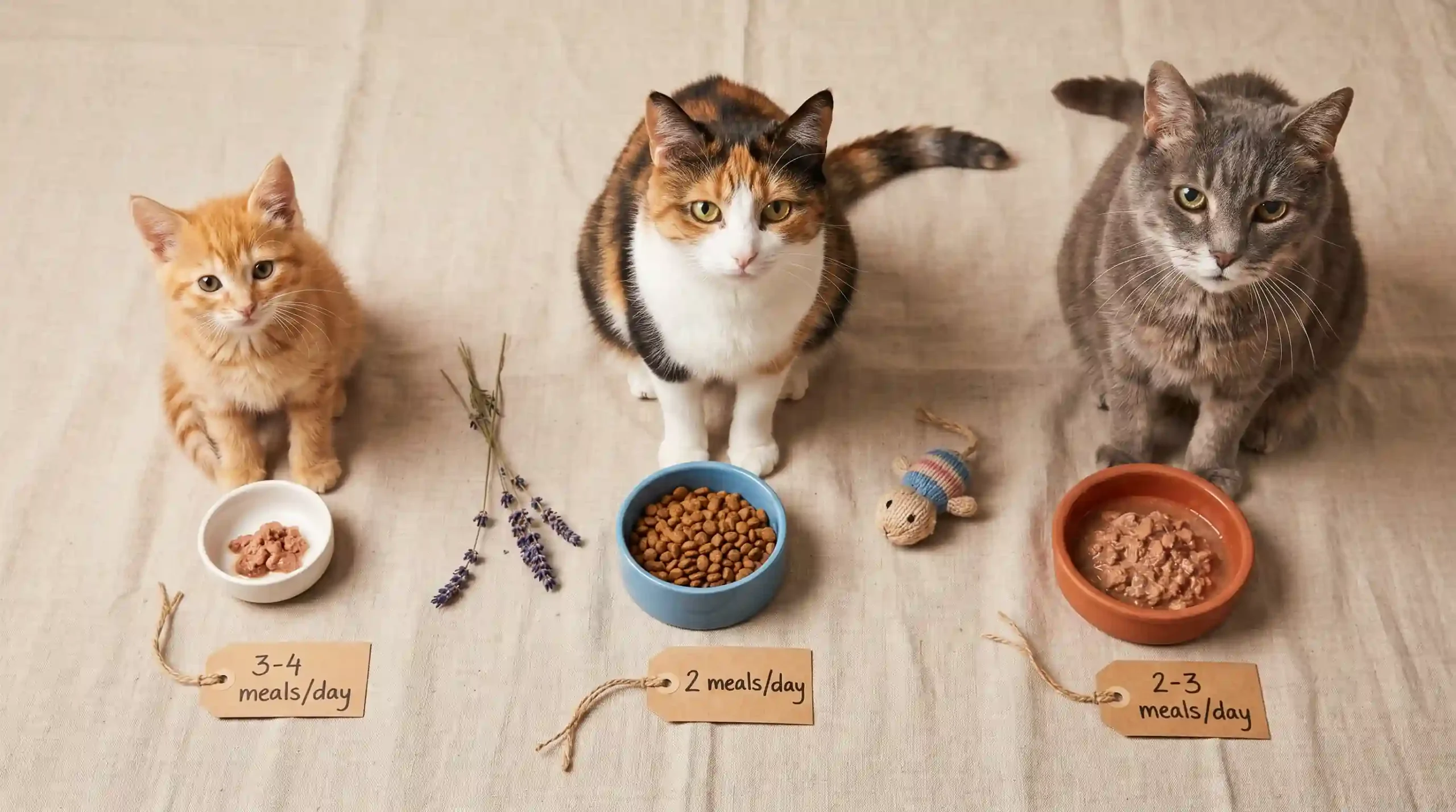 Three cats at different life stages - kitten, adult, and senior -each with appropriately sized meal portions
