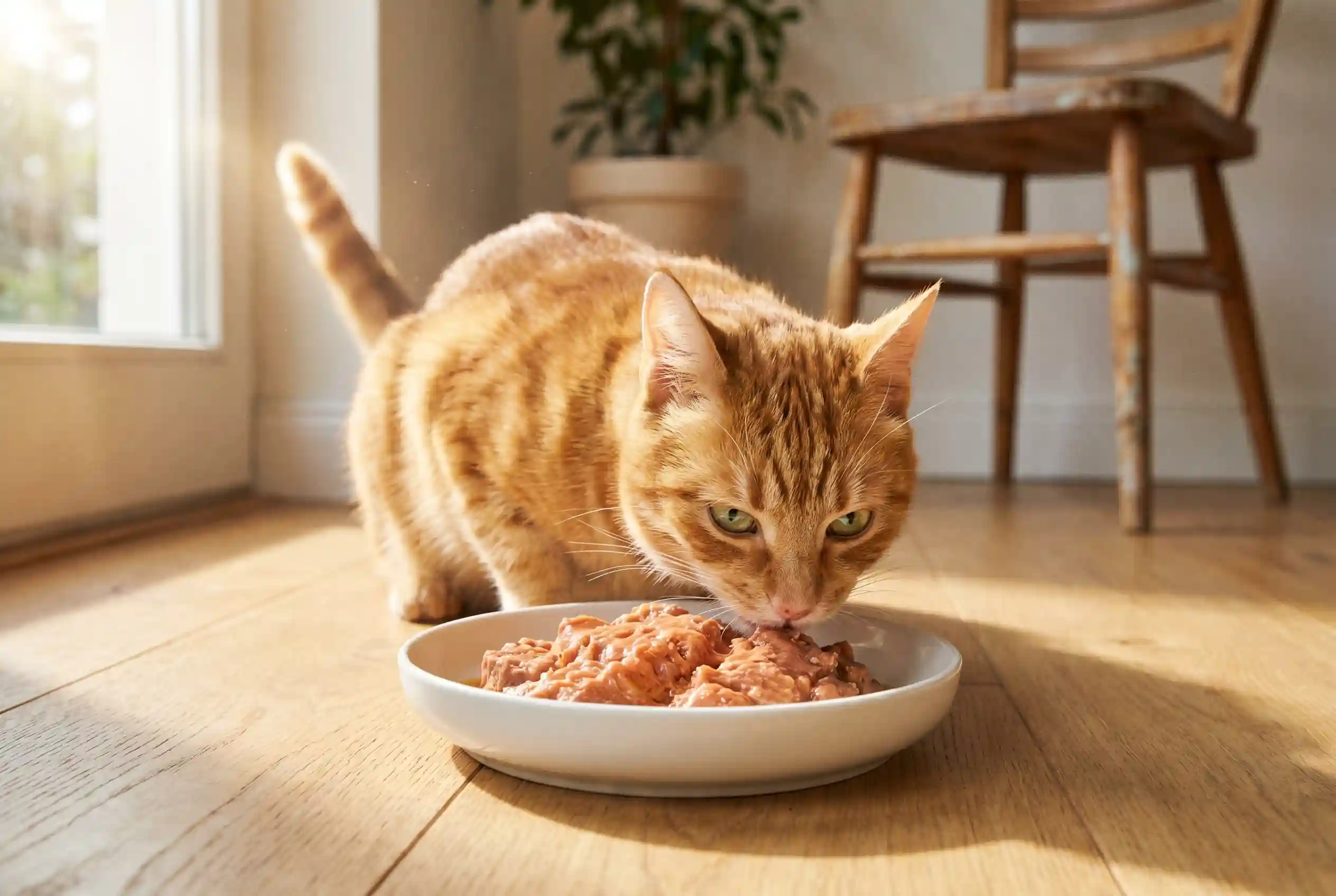 A happy orange tabby cat eating fresh wet food from a white ceramic bowl in warm morninglight