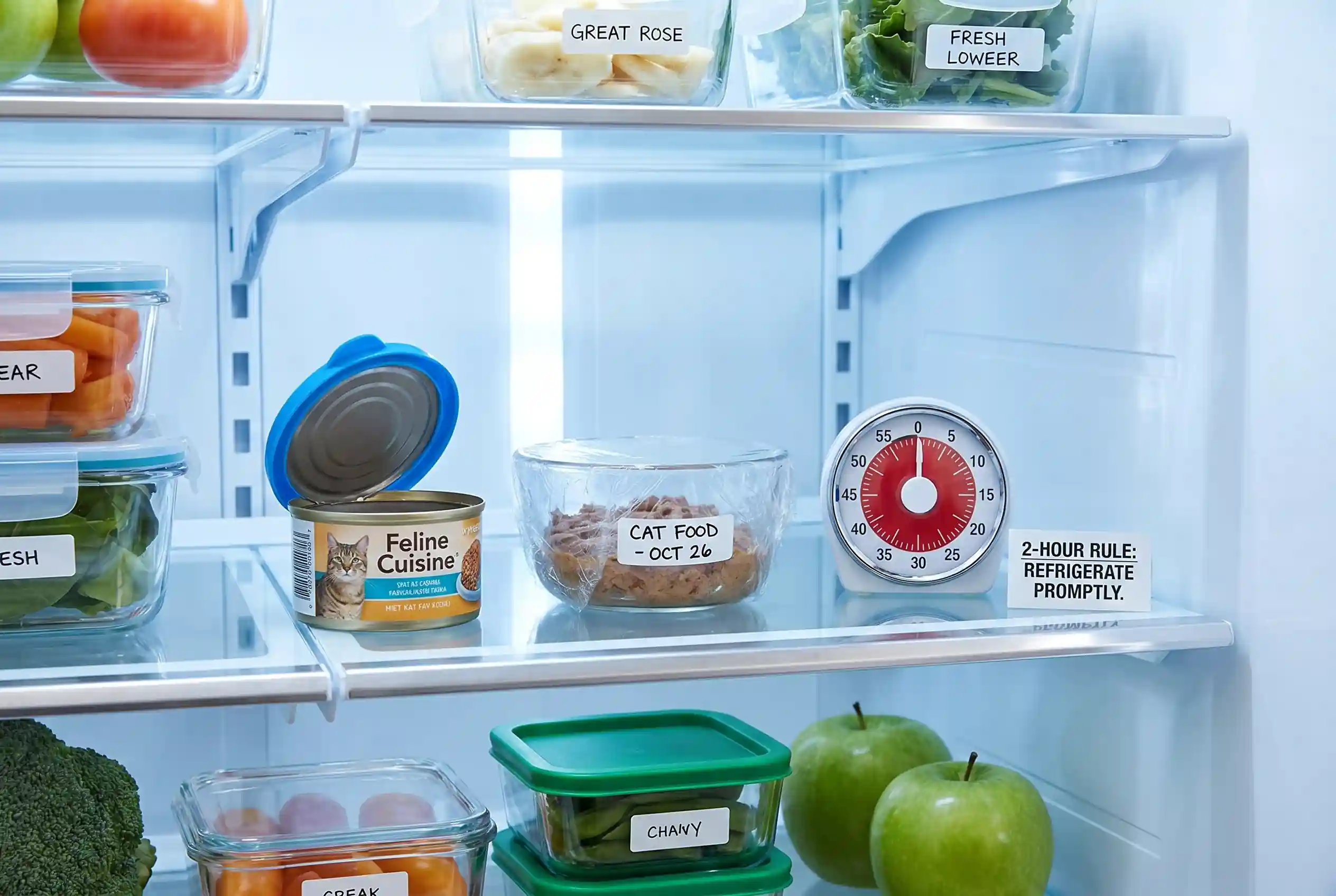 timer showing the 2-hour ruleWet cat food stored properly in a refrigerator: sealed can with lid cover, glass container with cling wrap, and a