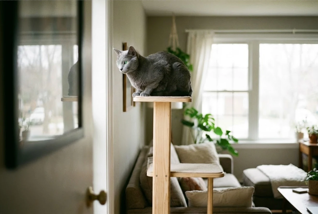 Russian Blue perched on a tall cat tree observing a doorway from a distance (reserved-with-strangers visual)