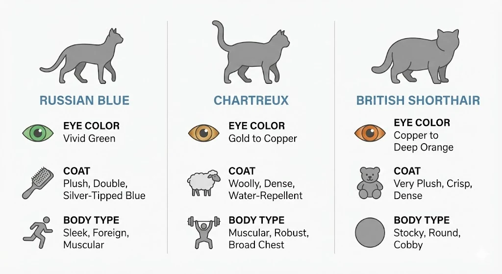 Russian Blue vs Chartreux vs British Shorthair 