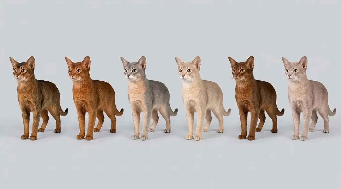 Comparison of Abyssinian cat appearance and coat colors with focus on ticked fur and athletic build