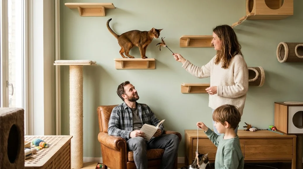 Abyssinian cat thriving in an active home with climbing space and attentive owners