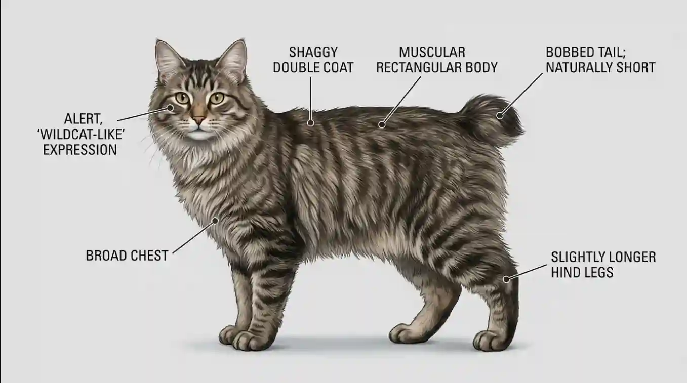 Labeled American Bobtail anatomy and breed characteristics illustration