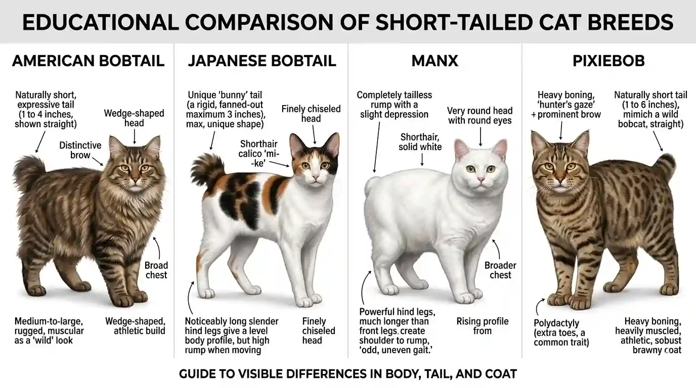 Side-by-side comparison of American Bobtail and similar short-tailed cat breeds