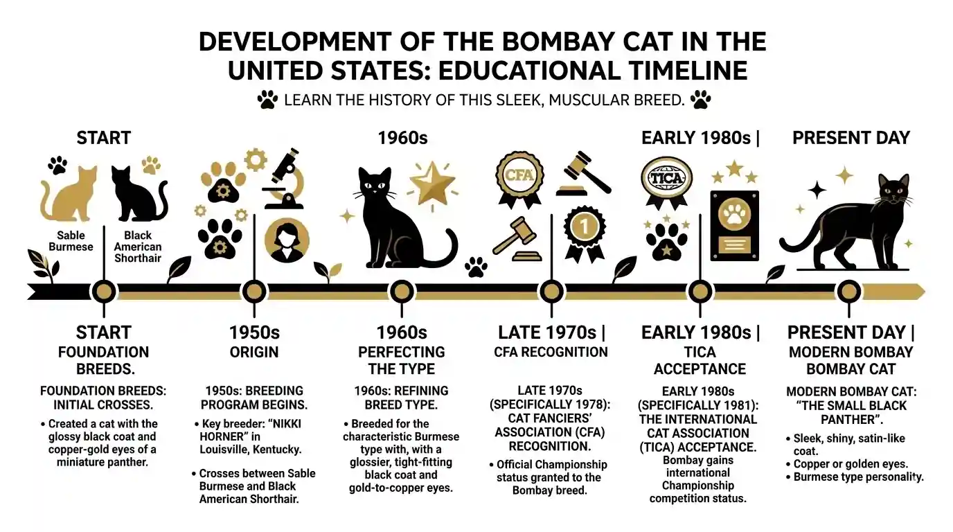 Timeline graphic showing Bombay cat breed development from Burmese and black American Shorthair in the United States