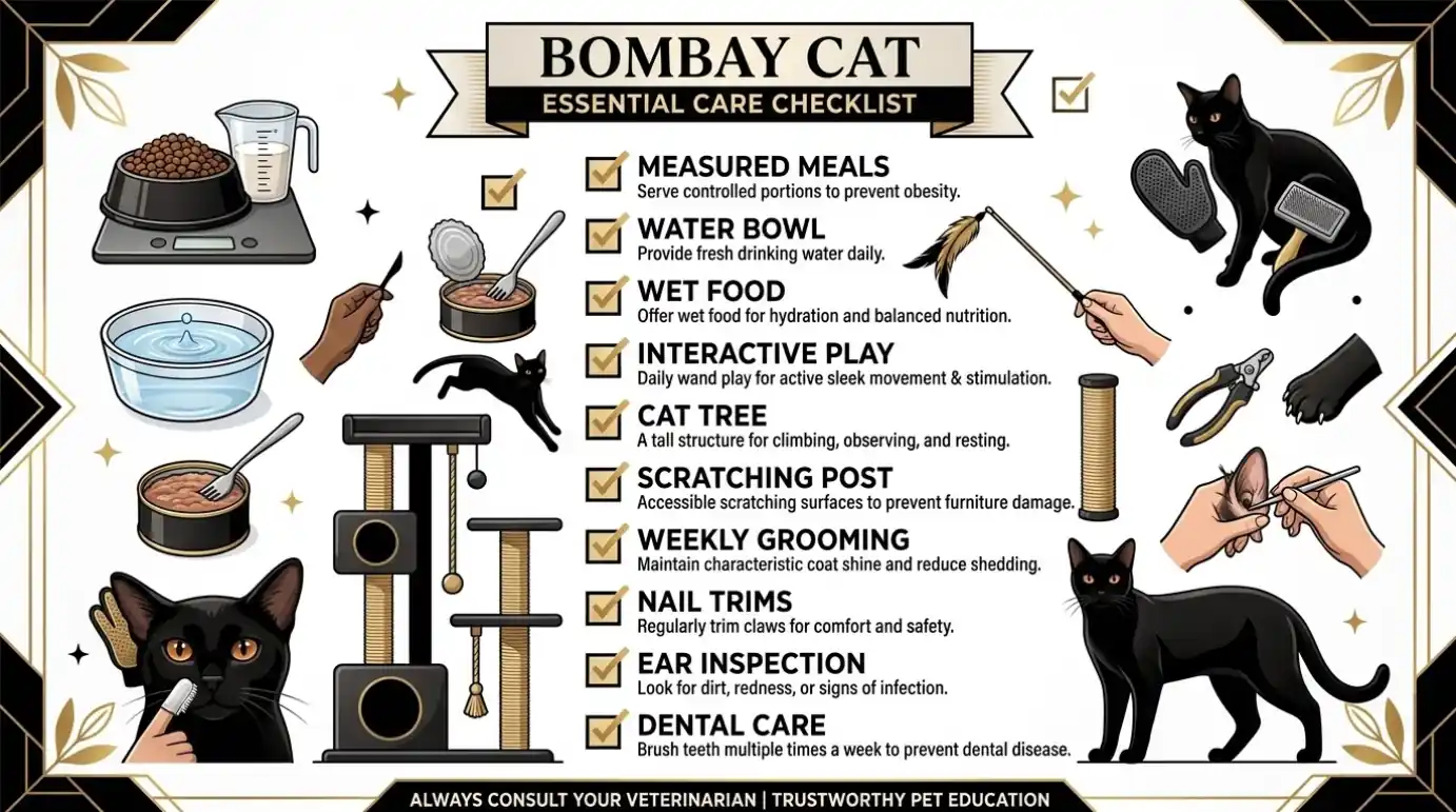 Bombay cat care checklist with food, play, cat tree, brushing, and tooth care essentials