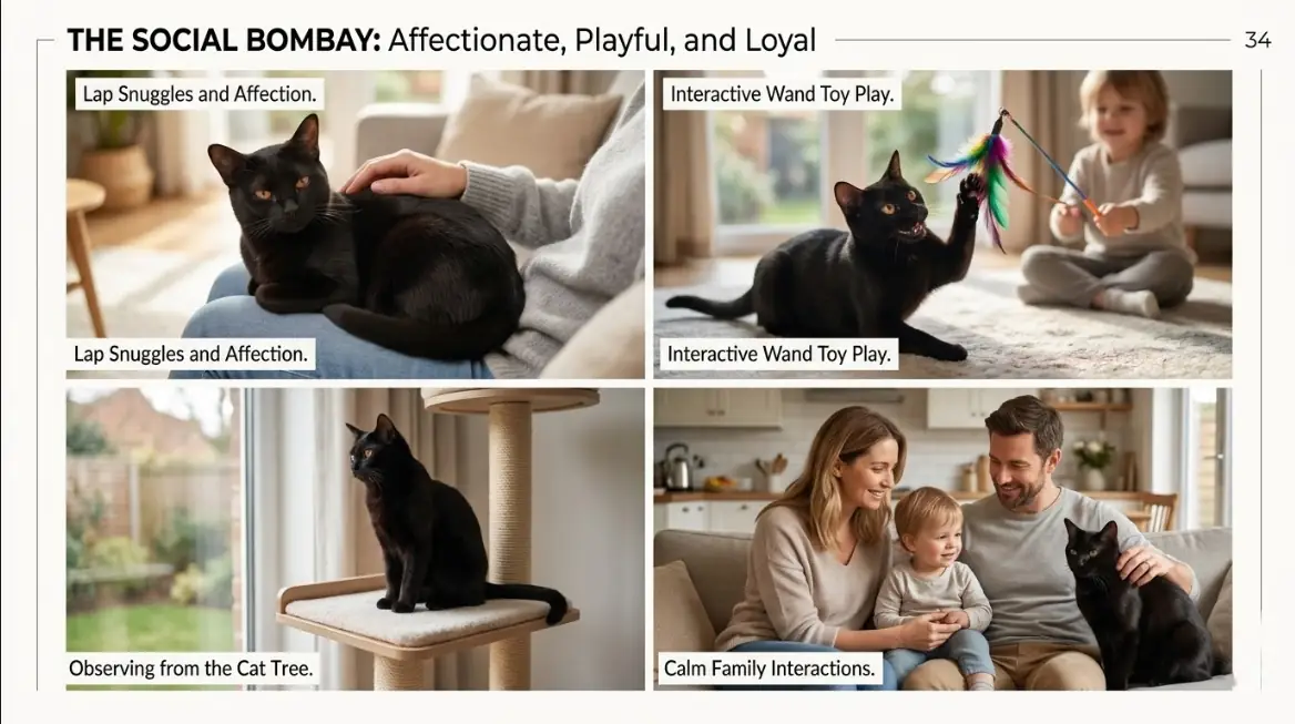 Bombay cat interacting with family, playing with toys, and resting close to its owner