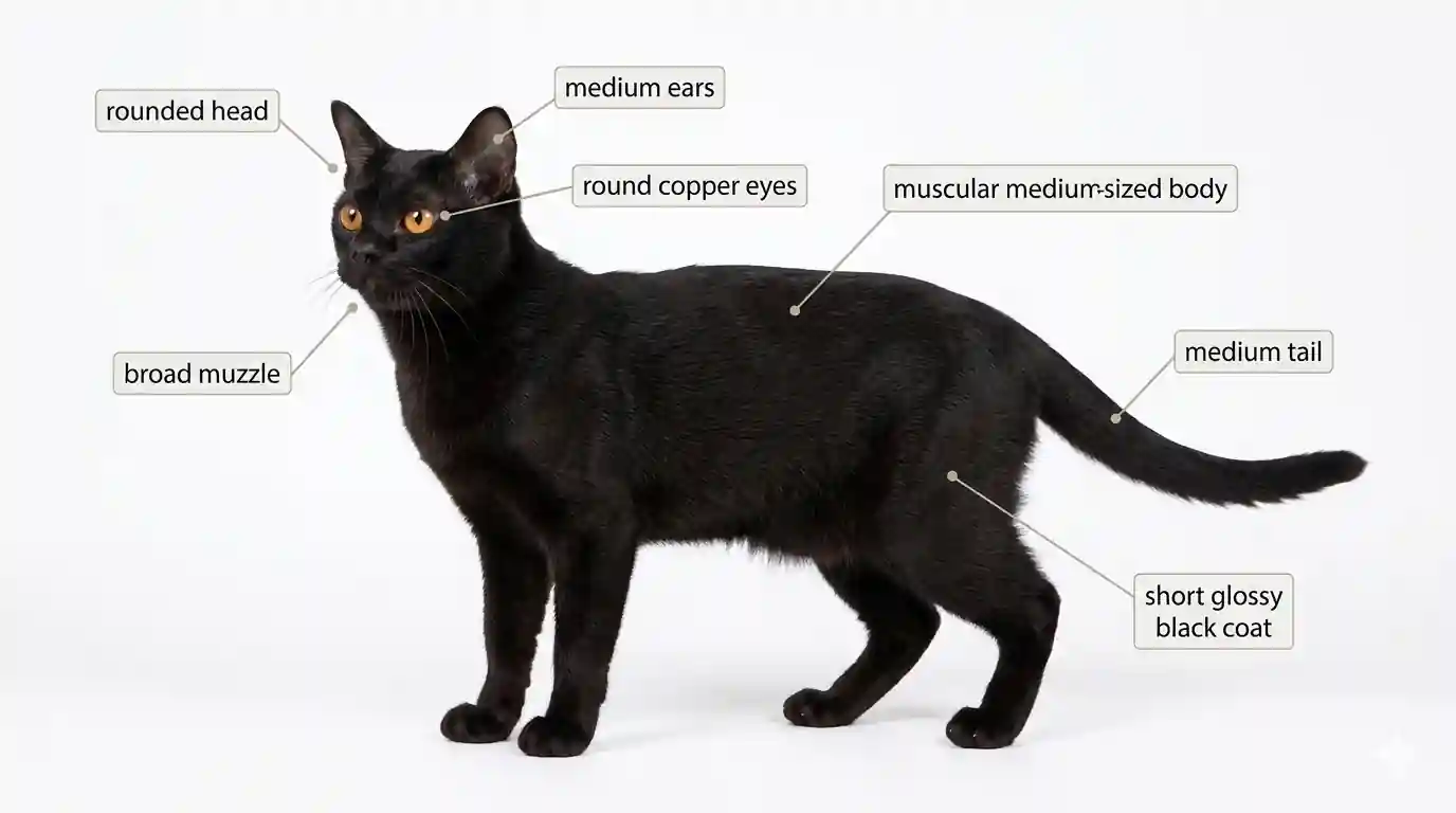 Labeled Bombay cat anatomy image highlighting rounded head, copper eyes, muscular body, and sleek black coat