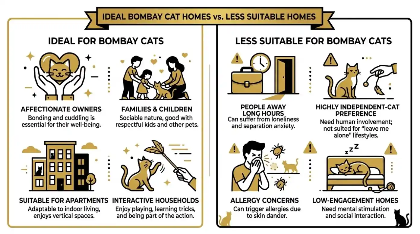 Comparison graphic showing ideal Bombay cat owners versus households that may need a more independent cat