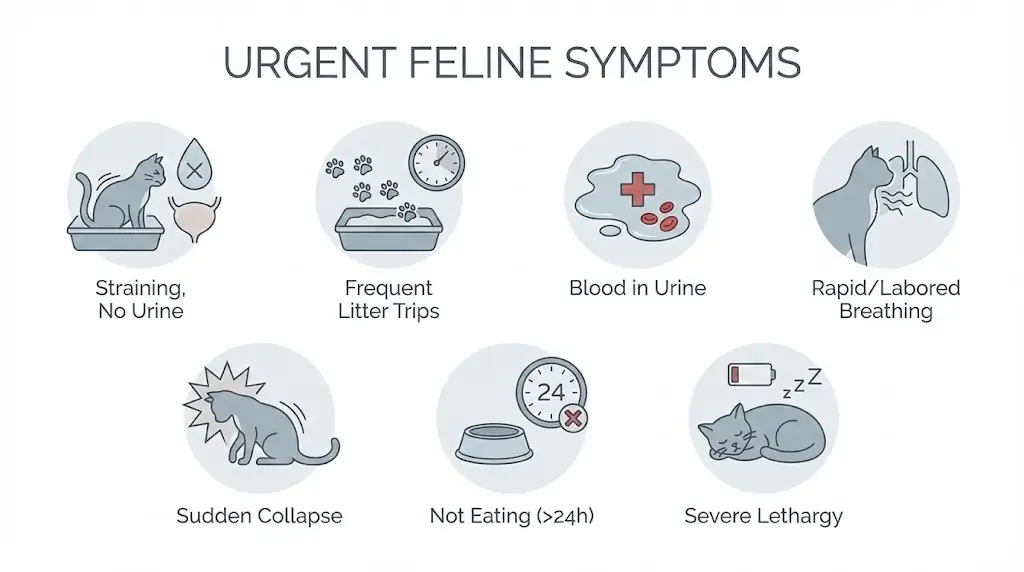 Infographic showing urgent health warning signs for cats including urinary blockage signs and breathing distress