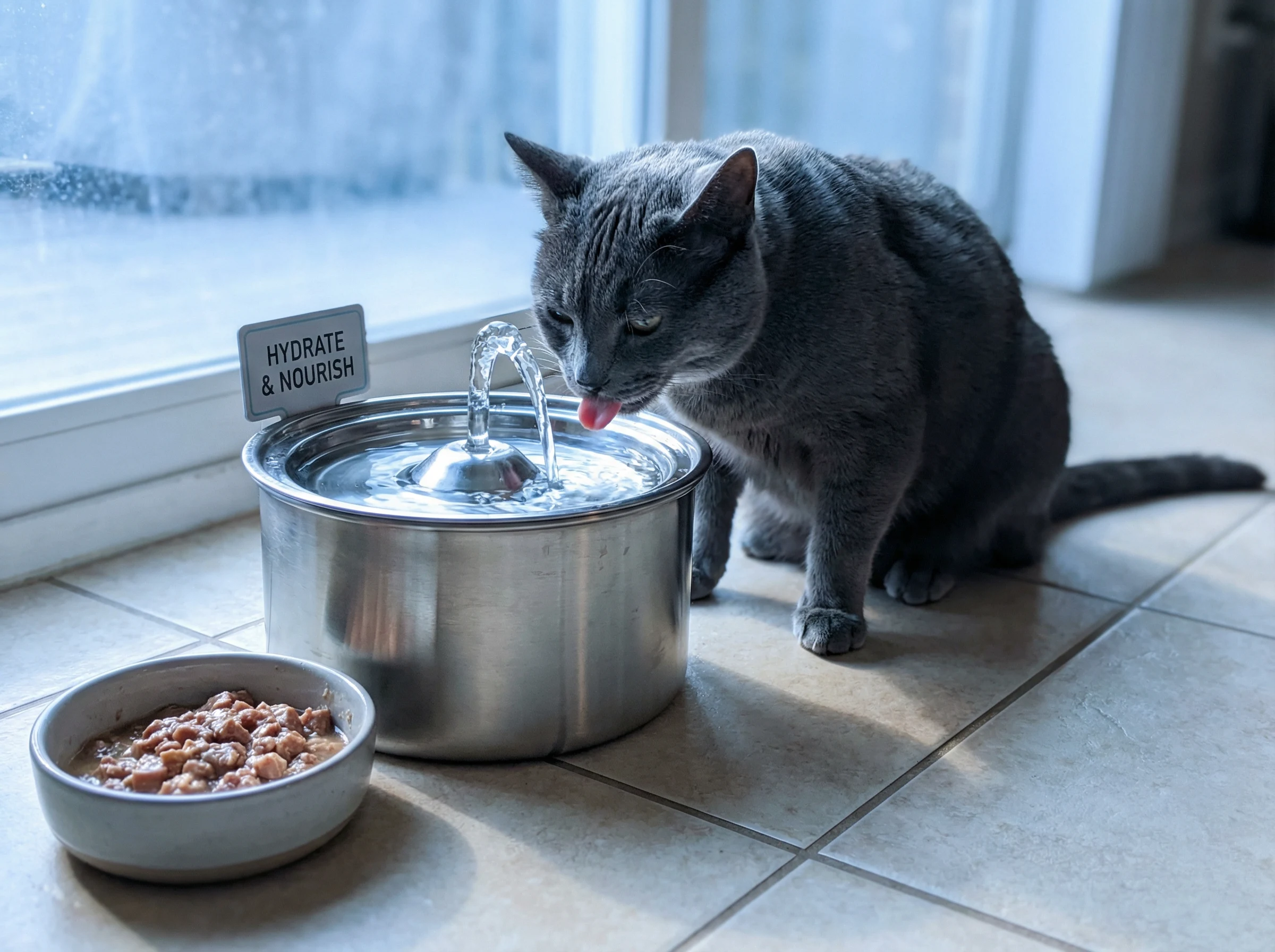 Cat Drinking Water and Wet Food
