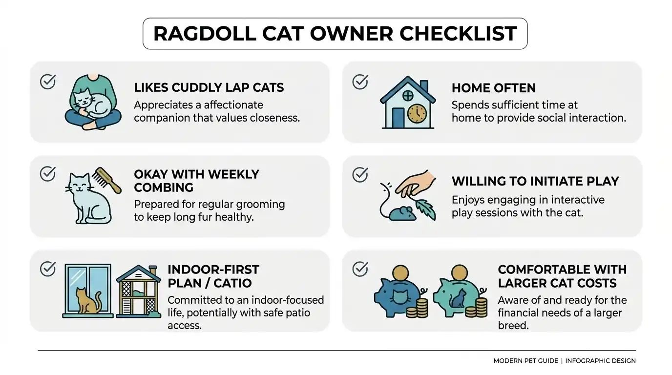 Checklist graphic for deciding if a Ragamuffin cat fits a household, including time, grooming, play, and indoor plan