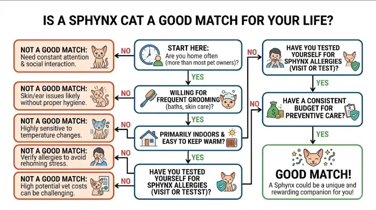 Decision flowchart helping readers decide if a Sphynx cat fits their lifestyle