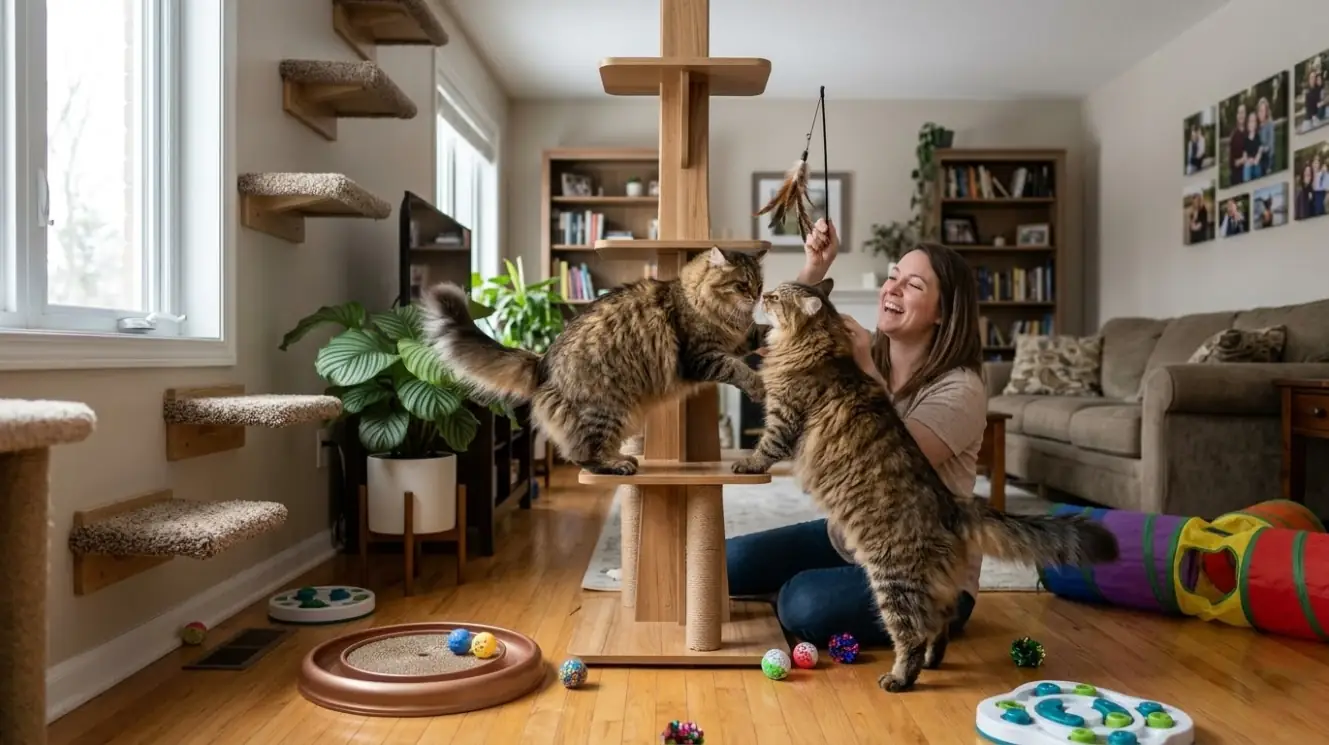 Siberian cat in an active home with cat tree, owner interaction, and family-friendly environment
