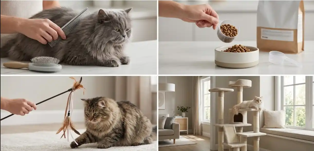 Four-panel collage showing grooming comb, measured feeding, interactive play, and indoor cat enrichment for a Ragamuffin