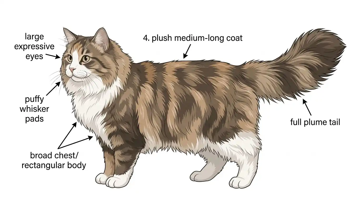 Labeled diagram of a Ragamuffin cat highlighting eyes, whisker pads, coat length, body shape, and plume tail