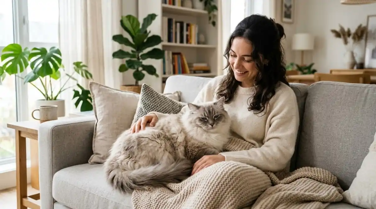 Calm fluffy Ragamuffin cat cuddling next to a person on a couch in a bright home setting