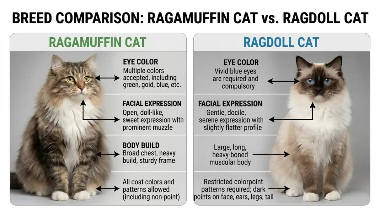 Side-by-side comparison of Ragamuffin and Ragdoll cats highlighting typical coat pattern differences and eye color expectations