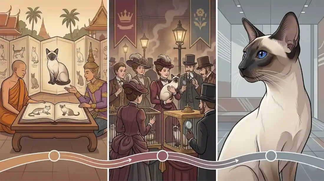 Illustrated timeline of Siamese cat history from Thailand to UK and US