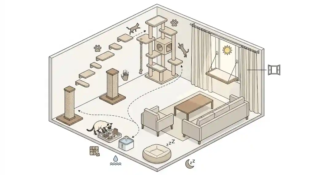 Catified home setup diagram with vertical space, scratching, and enrichment