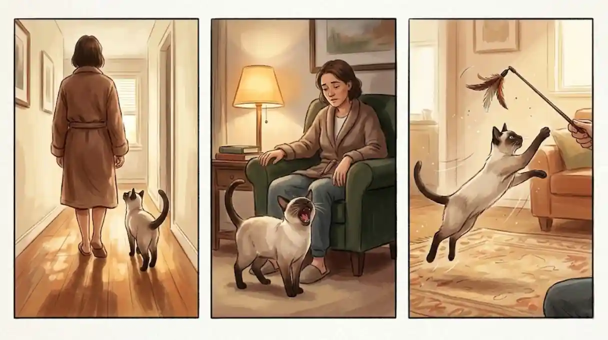Three-panel illustration of Siamese cat following owner, vocalizing, and playing