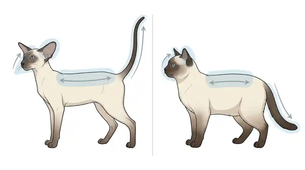 Side-by-side Siamese body shape comparison showing key physical traits