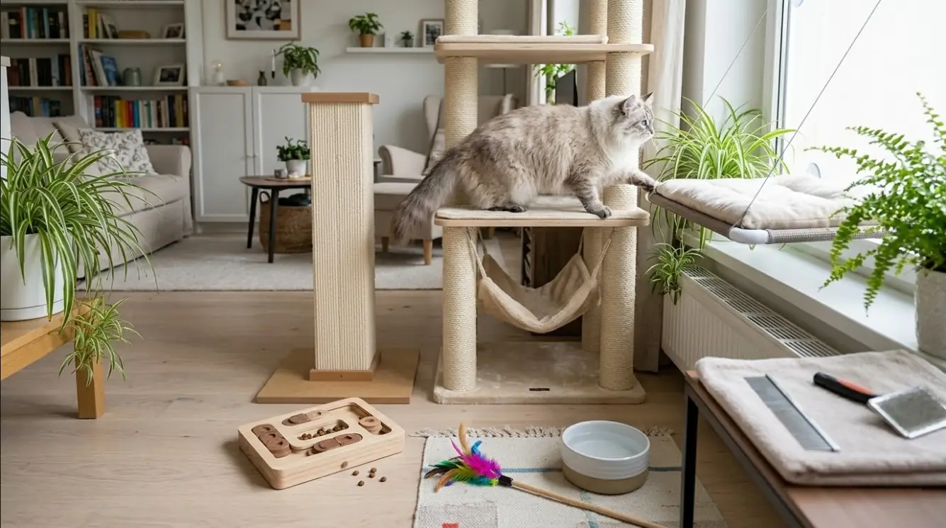 Siberian cat care setup with cat tree, grooming brush, puzzle feeder, and toys