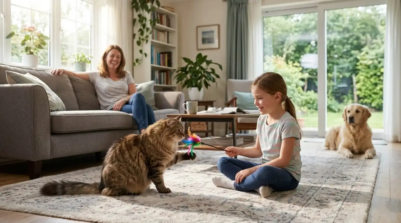 Siberian cat playing with family members and relaxing near a dog indoors