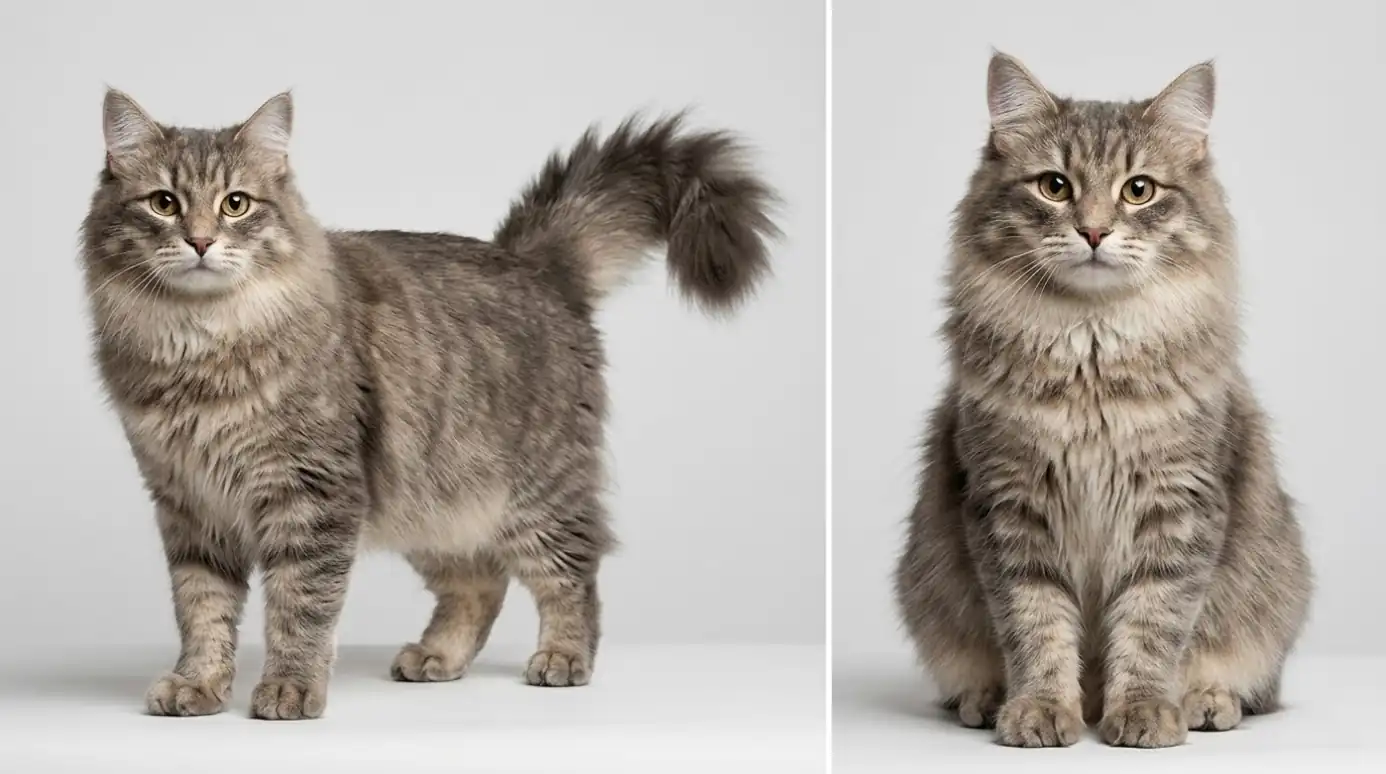 Side-by-side visual of Siberian cat physical traits including coat, body shape, and tail