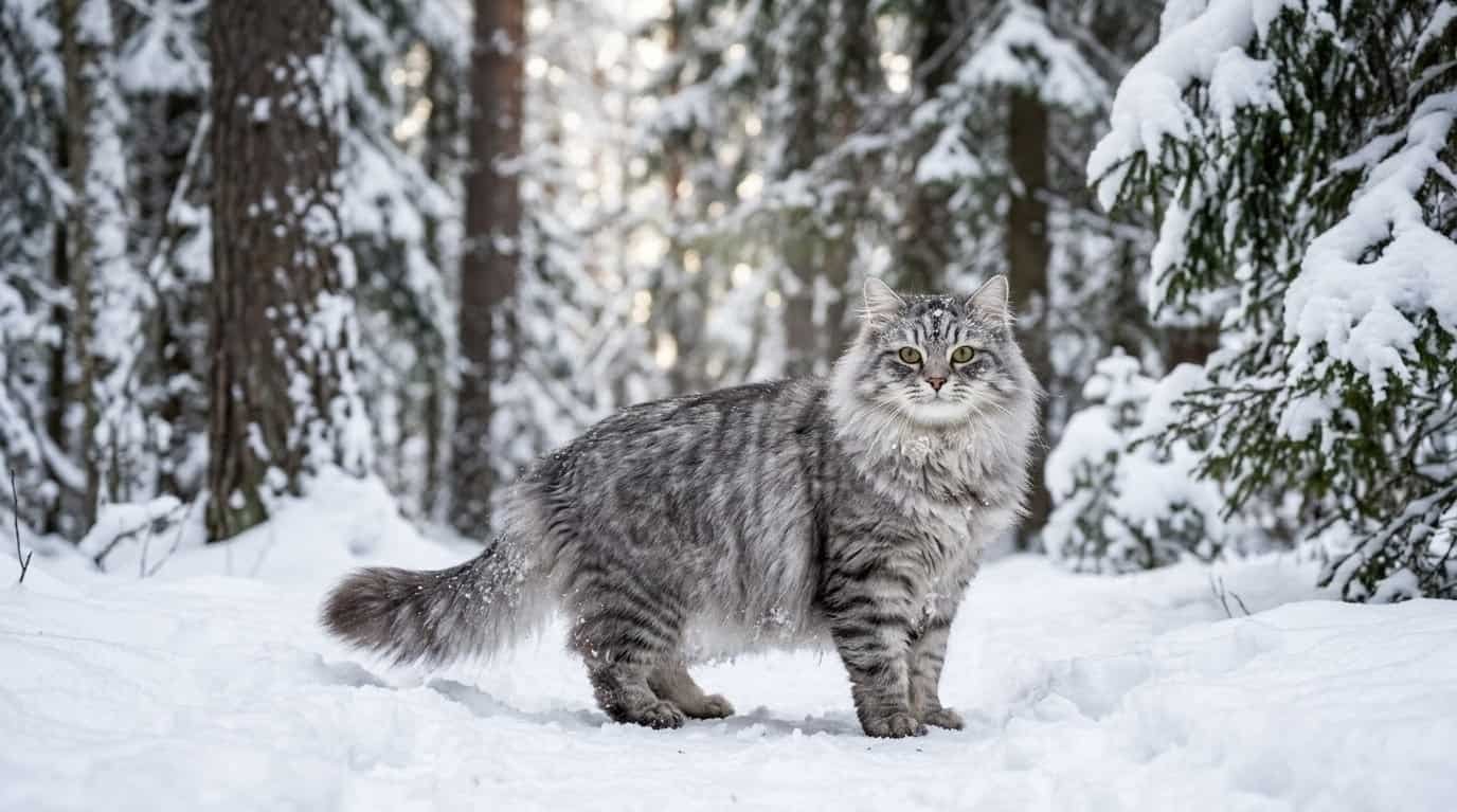 Siberian cat standing in a snowy forest landscape inspired by Russia