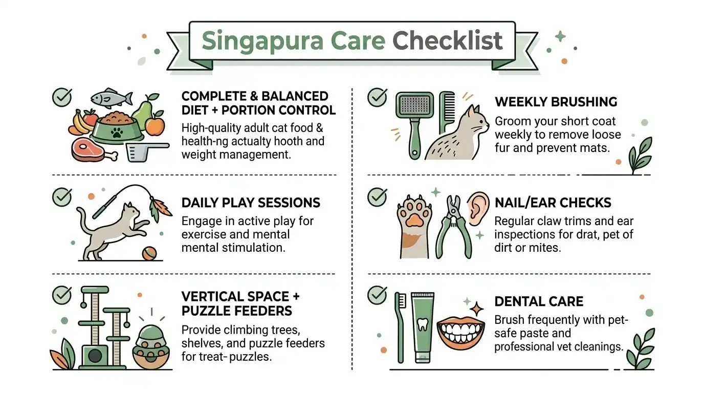 Care checklist infographic for Singapura cat covering food portions, play, enrichment, grooming, and dental care